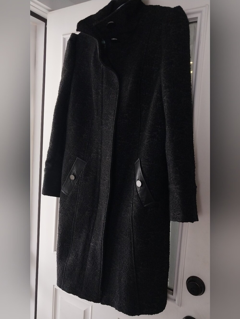 Badgley Mischka Black Textured Leather Trim Dress Pea Coat XL EUC